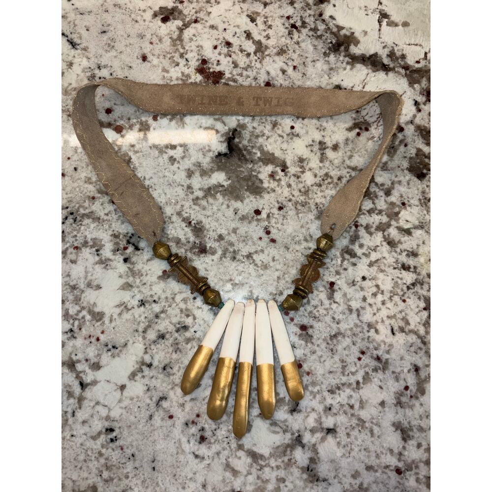 Twine & Twig Bone & Brass Necklace - Gold Dipped Spikes, Suede Strap